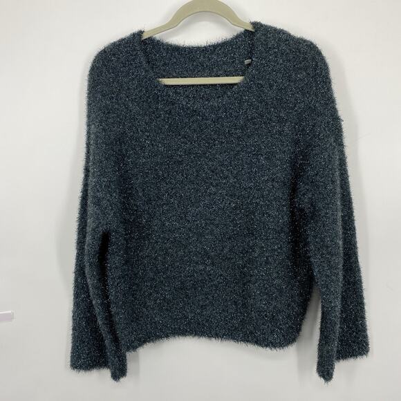 Vince Metallic Eyelash Knit Sweater Green Sparkle Crew Neck Fuzzy Women Medium - Picture 11 of 11